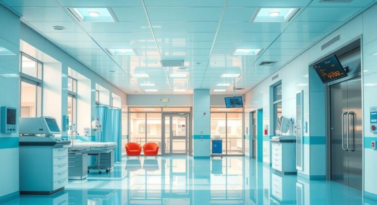 A vibrant hospital interior showcasing medical facilities, emphasizing cooperation, and friendship, with warm colors and modern design.