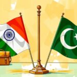 A diplomatic scene with flags representing India and Pakistan, surrounded by trade-related symbols in a diplomatic setting.