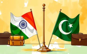 A diplomatic scene with flags representing India and Pakistan, surrounded by trade-related symbols in a diplomatic setting.