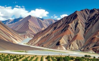 A scenic view of the Santas Gloria project site in Peru, featuring rugged mountains with mineral veins and natural vegetation.