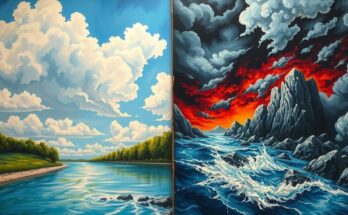 Symbolic representation of Liberty and chaos with contrasting elements of peace and unrest in a stylized landscape.