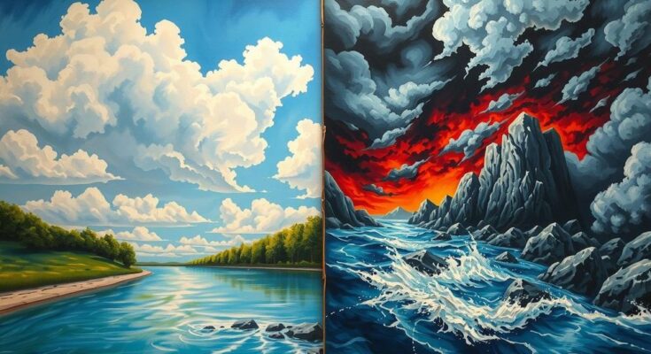 Symbolic representation of Liberty and chaos with contrasting elements of peace and unrest in a stylized landscape.