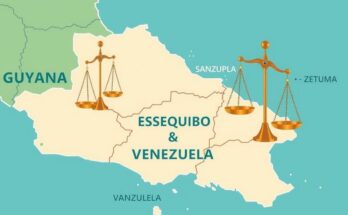 Map illustration showing Essequibo region boundaries, highlighting Guyana and Venezuela with symbolic scales of justice.