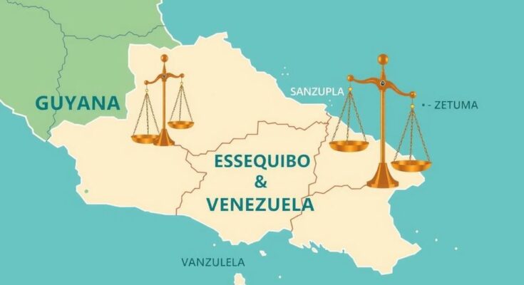 Map illustration showing Essequibo region boundaries, highlighting Guyana and Venezuela with symbolic scales of justice.
