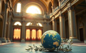 A symbolic meeting with the Pope, featuring architectural elegance and elements representing peace and environmental stewardship.