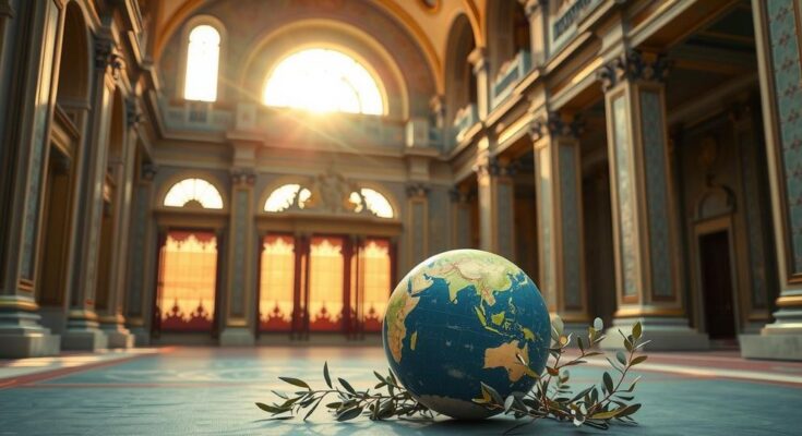 A symbolic meeting with the Pope, featuring architectural elegance and elements representing peace and environmental stewardship.