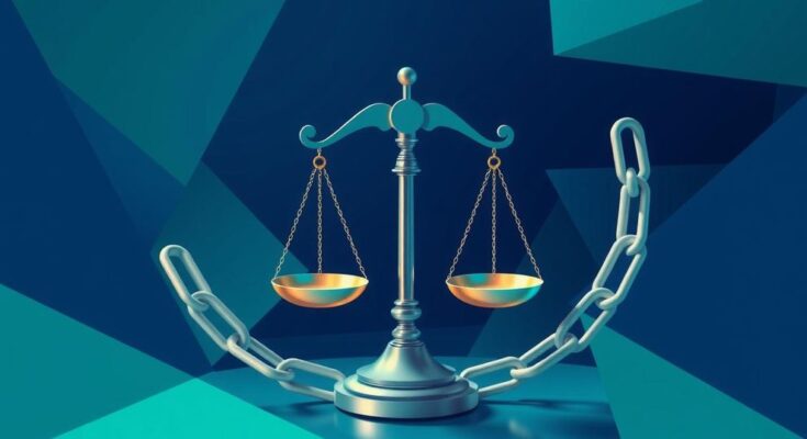 An abstract representation of international cooperation in criminal justice, with symbolic elements of balance and unity.