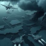 Dramatic military landscape depicting strategic regions and air movements amid tension over nuclear negotiations.