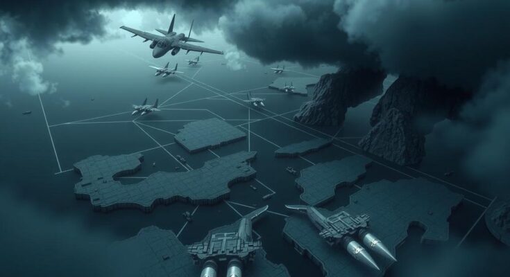 Dramatic military landscape depicting strategic regions and air movements amid tension over nuclear negotiations.