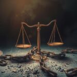 A dark backdrop with rusted chains representing poverty, broken scales symbolizing economic imbalance, and dim light showing hope.