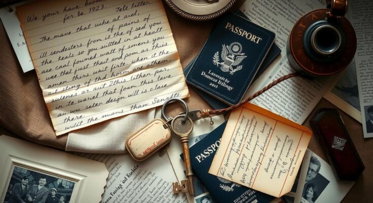 A collection of personal items and documents, representing a historical intelligence operation.