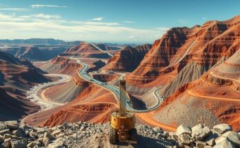 A copper mining site with machinery and barren land under a clear blue sky, showcasing mineral extraction.