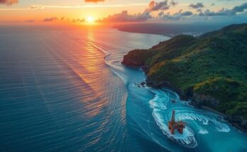 Aerial view of deep water oil exploratory sites, showcasing the natural beauty of Africa's coastal regions, in calm waters.