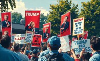 A protest scene with banners against a controversial political figure at an outdoor location during an event.