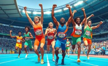 Track and field athletes celebrating their achievements, with a vibrant color palette, showcasing energy and ambition.