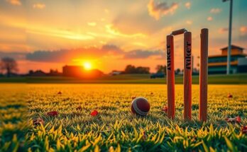 Cricket field at sunset with bright green grass and stumps, capturing the excitement of an upcoming match.