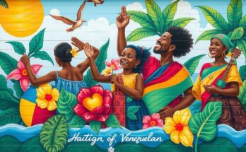 Vibrant mural representing unity and resilience of Haitian, Cuban, and Venezuelan communities in South Florida.