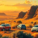 A vibrant landscape representing the South African economy, featuring gold and car sales motifs with a sunset backdrop.