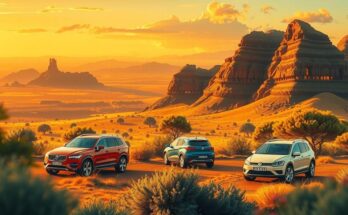 A vibrant landscape representing the South African economy, featuring gold and car sales motifs with a sunset backdrop.