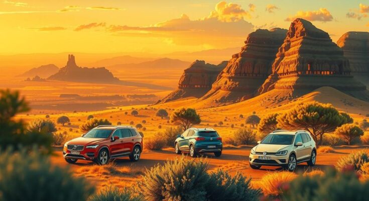 A vibrant landscape representing the South African economy, featuring gold and car sales motifs with a sunset backdrop.