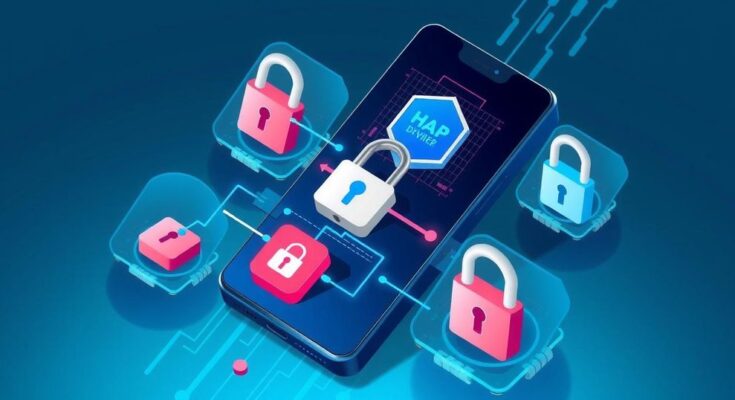 Illustration of security vulnerabilities in smartphones, depicting digital locks and hacker symbols, with blue and gray tones.