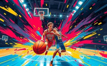 Basketball court scene with vibrant colors, showing a thrilling game without players, emphasizing action and excitement.