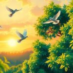 Colorful doves symbolizing peace over a scenic landscape with lush greenery and a vibrant sky.