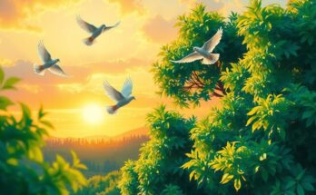Colorful doves symbolizing peace over a scenic landscape with lush greenery and a vibrant sky.