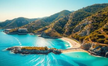 A picturesque view of Cyprus coastline with clear waters and lush greenery, evoking a sense of Mediterranean diplomacy.