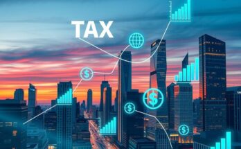 A modern city skyline with digital tax symbols, vibrant colors, and a progressive theme for economic growth.