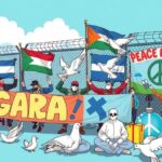 Activists urging peace at the Gaza border in an illustration with bright colors and a modern artistic style.