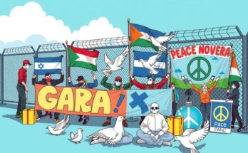 Activists urging peace at the Gaza border in an illustration with bright colors and a modern artistic style.
