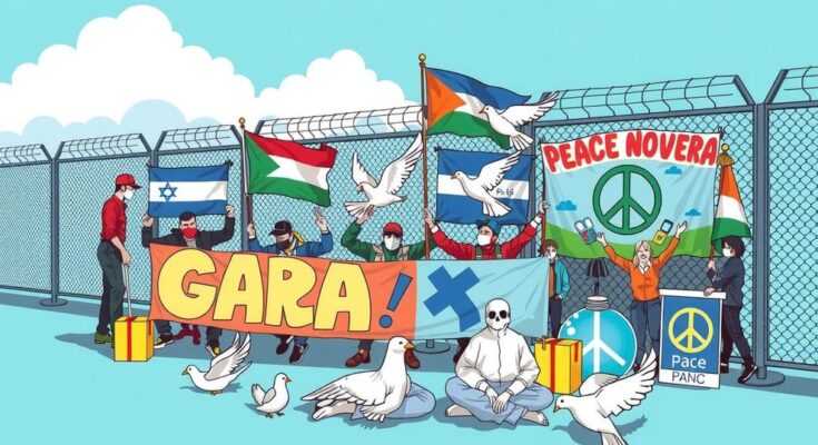 Activists urging peace at the Gaza border in an illustration with bright colors and a modern artistic style.
