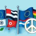 Colorful illustration of diplomacy with flags and symbols representing talks and negotiations between nations.
