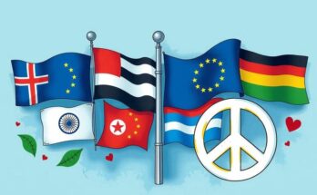 Colorful illustration of diplomacy with flags and symbols representing talks and negotiations between nations.
