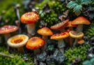 A close-up of vibrant fungi growing on moist soil, emphasizing climate change's impact on nature.