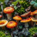 A close-up of vibrant fungi growing on moist soil, emphasizing climate change's impact on nature.