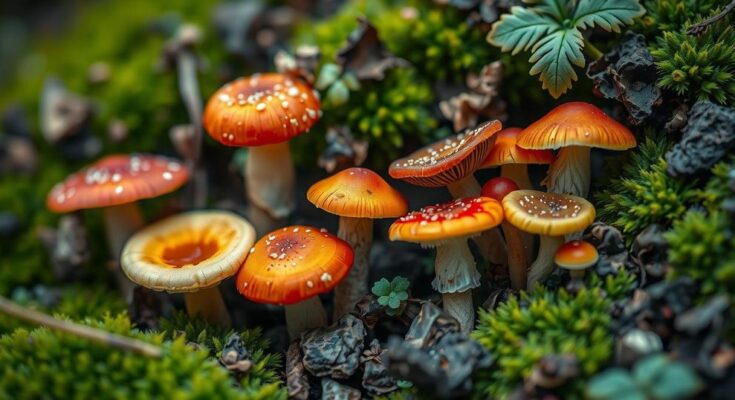 A close-up of vibrant fungi growing on moist soil, emphasizing climate change's impact on nature.