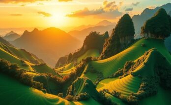 A vibrant landscape depicting Vietnam and Laos with lush mountains, symbolizing cooperation and growth in the region.