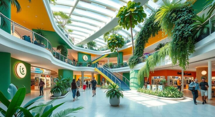 A conceptual design of a modern shopping mall in Brazil featuring green spaces and vibrant colors.