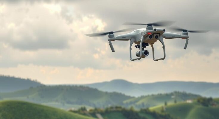 A drone flying over southern Lebanese landscape, showcasing a cloudy sky and mountainous terrain in muted colors.