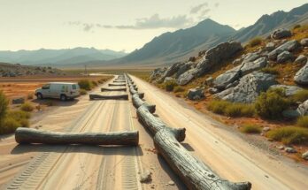 Bolivian landscapes with roadblocks and police barriers, depicting civil unrest and social tension.