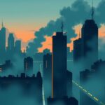 A darkened city skyline representing economic challenges and financial stress, depicted in somber colors.