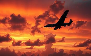 A military aircraft in a dramatic sunset sky, symbolizing airstrikes with dynamic clouds in a warm color palette.
