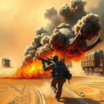 Desert landscape with military trucks amid smoke and gunfire, showcasing conflict and turmoil in Mali's northern region
