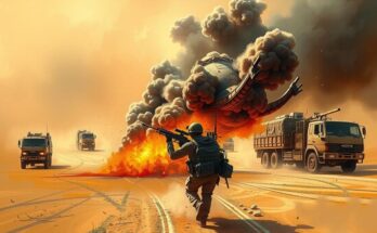 Desert landscape with military trucks amid smoke and gunfire, showcasing conflict and turmoil in Mali's northern region