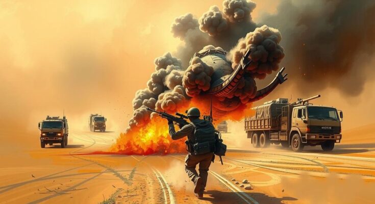 Desert landscape with military trucks amid smoke and gunfire, showcasing conflict and turmoil in Mali's northern region