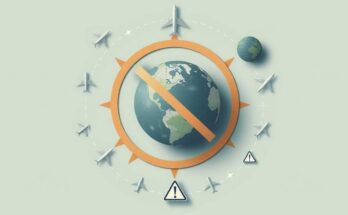 A conceptual representation of travel restrictions with a globe, airplane motifs, and warning symbols in muted tones.