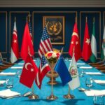 A United Nations meeting table with flags and decorative etiquette arrangements, conveying diplomacy and negotiation.