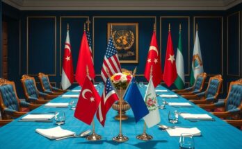 A United Nations meeting table with flags and decorative etiquette arrangements, conveying diplomacy and negotiation.